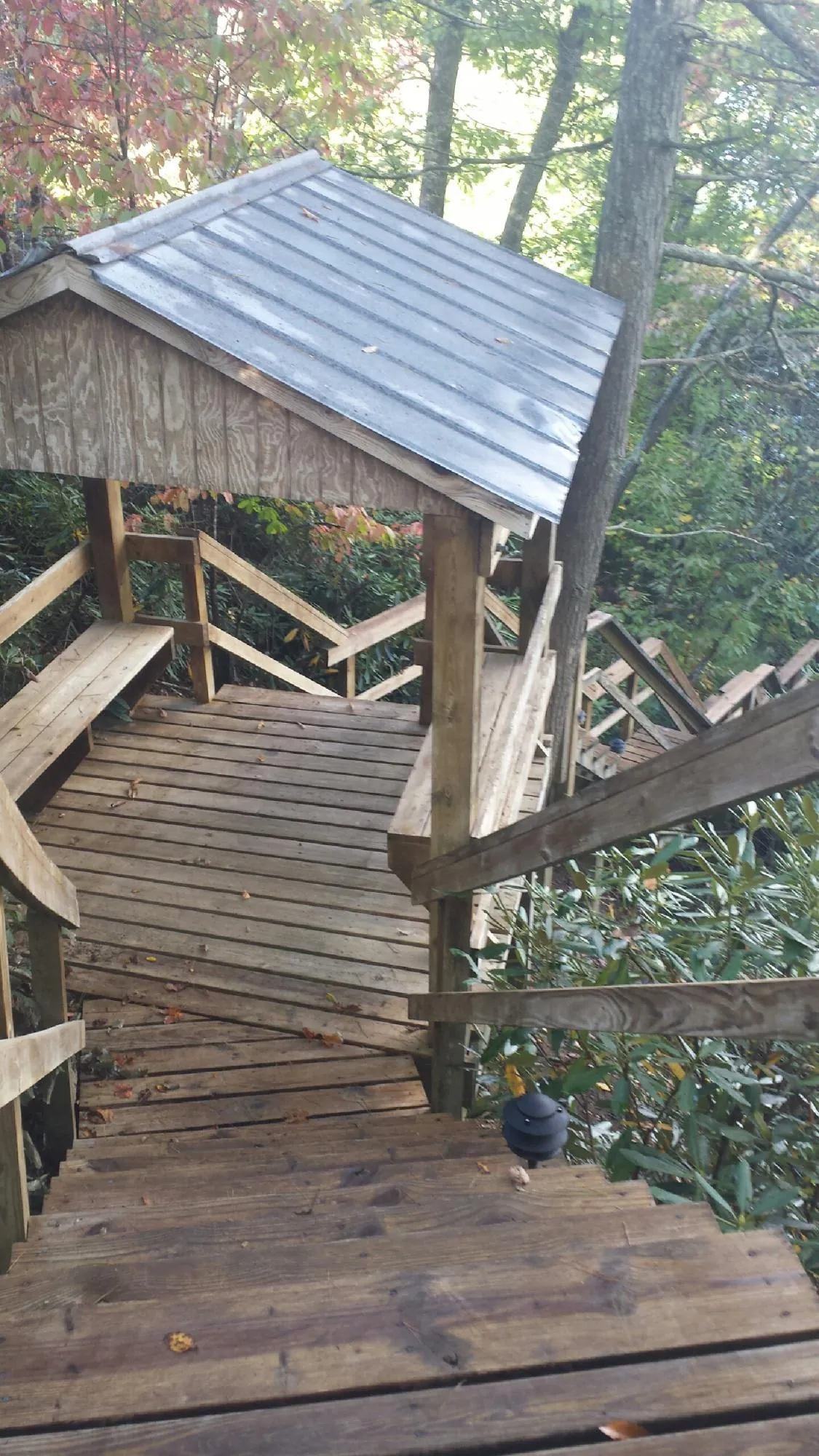 Metal roofed shelter over wooden steps on a wooded walkway — Skylight Repair & Installation work by our crew in Ambrose
